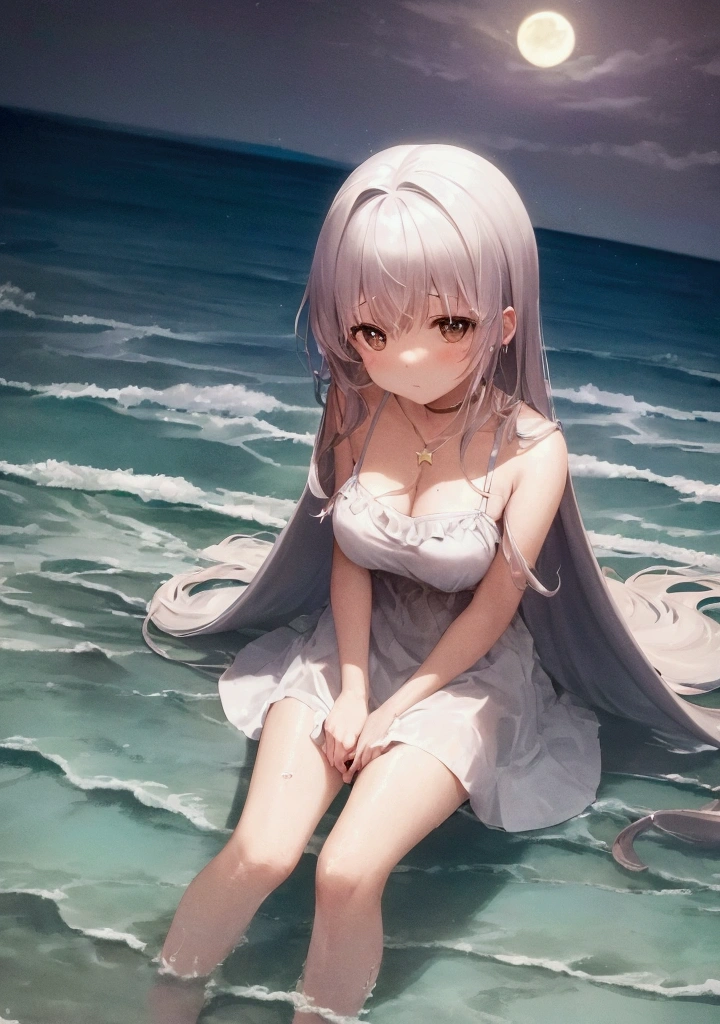 lofi image,A serene night scene at the seaside with a 20 year old girl sitting on the sand, gazing at a star-filled sky. The girl is in a contemplative mood, surrounded by the gentle waves of the ocean. The stars are bright and numerous, creating a peaceful and reflective atmosphere. The scene should be illuminated by the soft glow of the moon, casting a gentle light on the girl and the waves.
