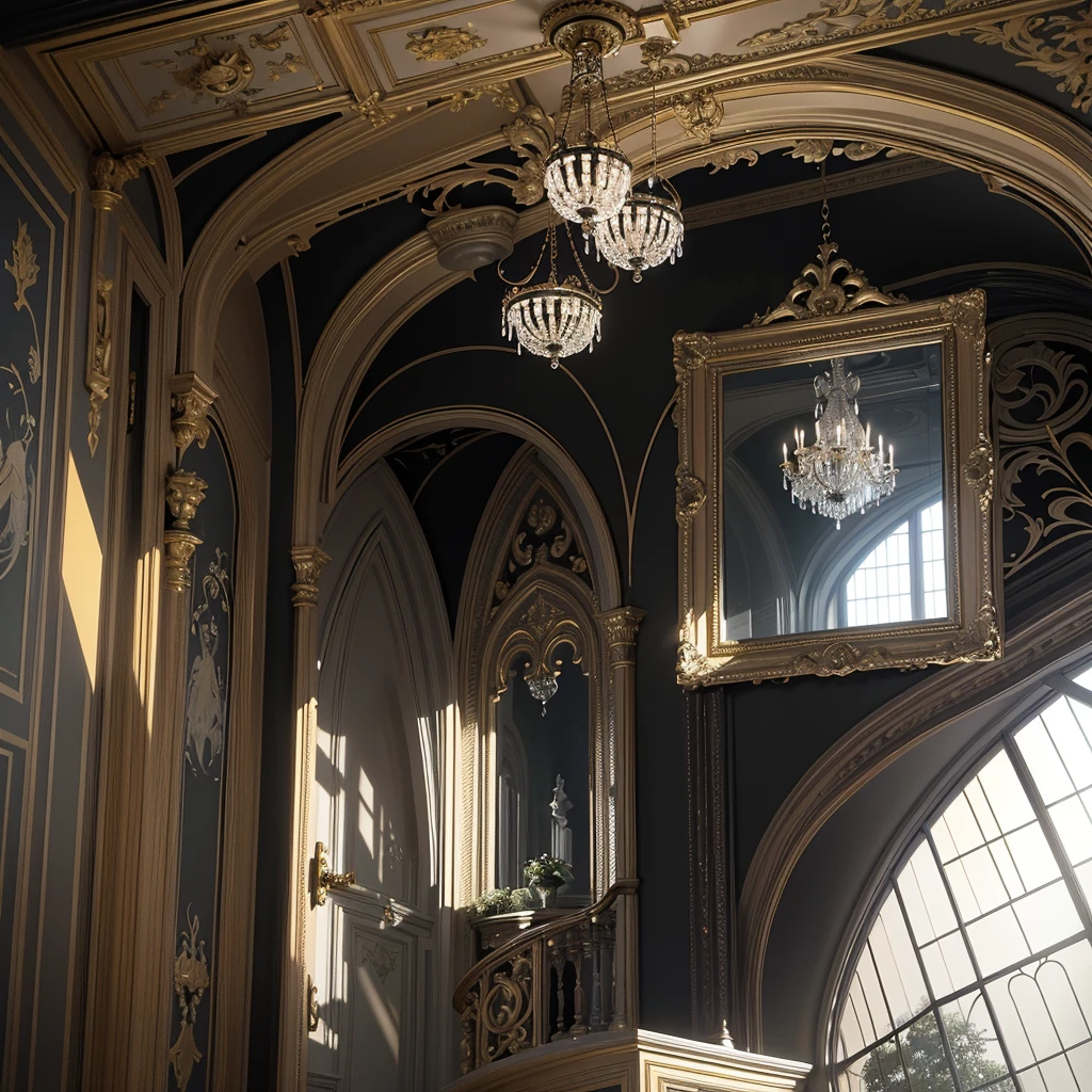 The mirrored safe on the wall is the visual focus. The Italian castle stucco wall black and white marble floor crystal chandelier German style tilt shot, Illustration effect similar to poster or magazine, Fuji, movie lighting effects, Art Nouveau,