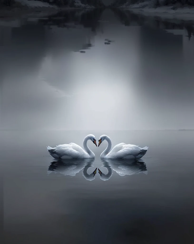 two swans are floating in the water with their necks touching, swans, reflection, beautiful symmetry, symmetry!!, two swans swimming on the lake, very beautiful picture, swan, symmetry!, beautiful reflexions, Amazing depth, the most beautiful image ever seen, beautiful picture, black swans, Unbelievably beautiful, beautiful reflections, Mirror, symmetry, Beautiful composition