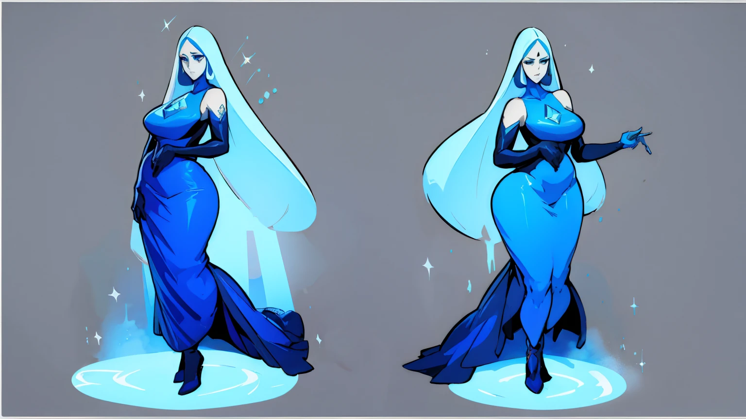 ((character design sheet)),((full body view)),1 Same Girl , a cartoon of a nun in a blue dress, blue diamond, she has pale blue skin!!!, Perfect Beautiful , plump Body , brasilian butt, beautifull breast, this character has cryokinesis, precious gems, blue aura, Crowd , Gothic Tattoo , standing pose , Look at Viewer, simple background,