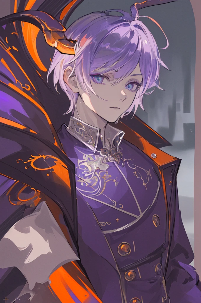 (masterpiece, side lighting, ultra-detailed, finely detailed beautiful eyes: 1.2) Male, young, dragon horns, short hair, orange, purple, long coat