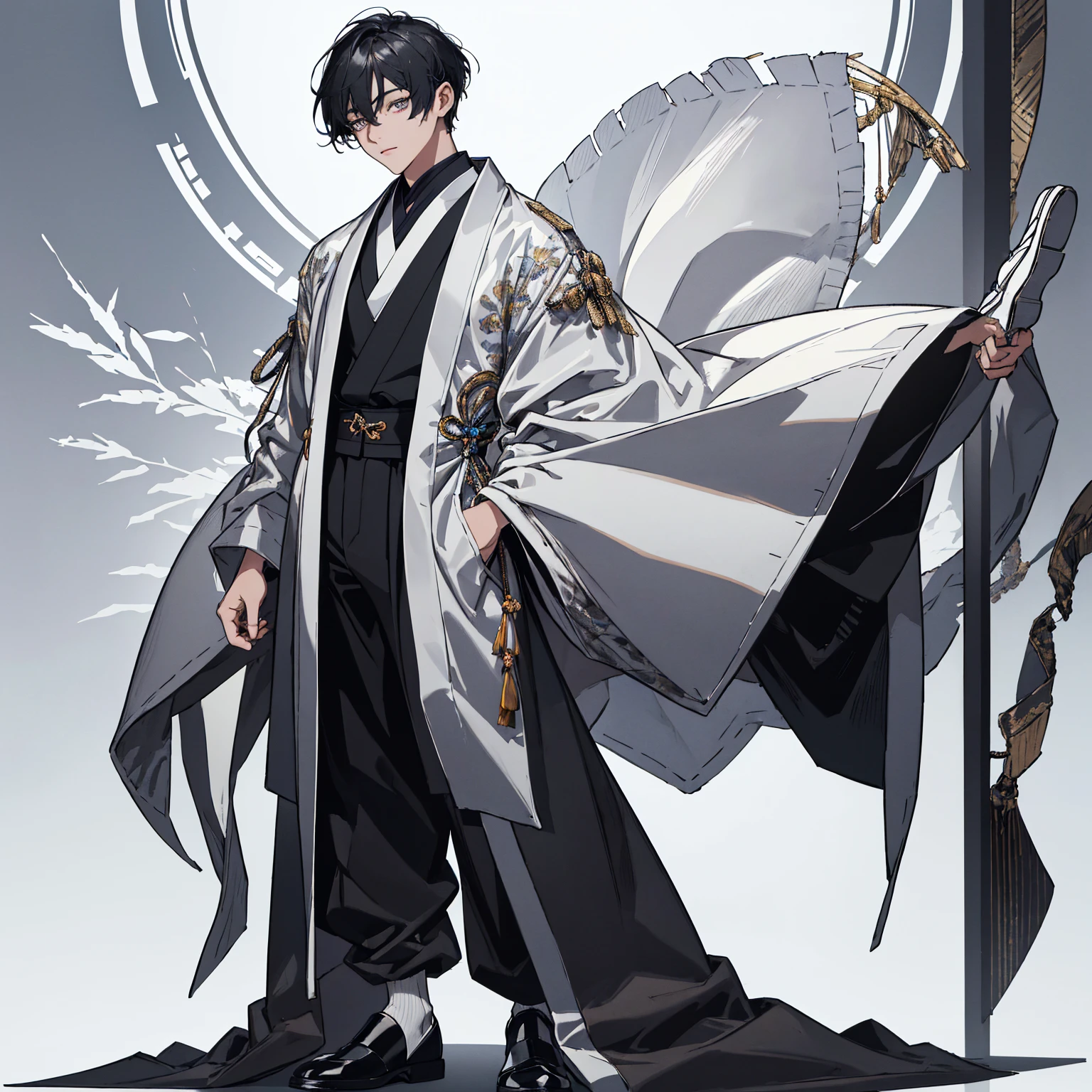 ((ultra-detailed)),(masterpiece), best quality,(illustration),((((full-length figure)))), ((transparent background)),(solo),standing,(wearing shoes on feet), ((is wearing a type of Japanese  for boys often stand-up collar with long jacket and loose trousers)),(pants),good boy, beautiful detailed eyes, good looking,((an extremely delicate and beautiful)),make the eyes the same shape and color on both sides,