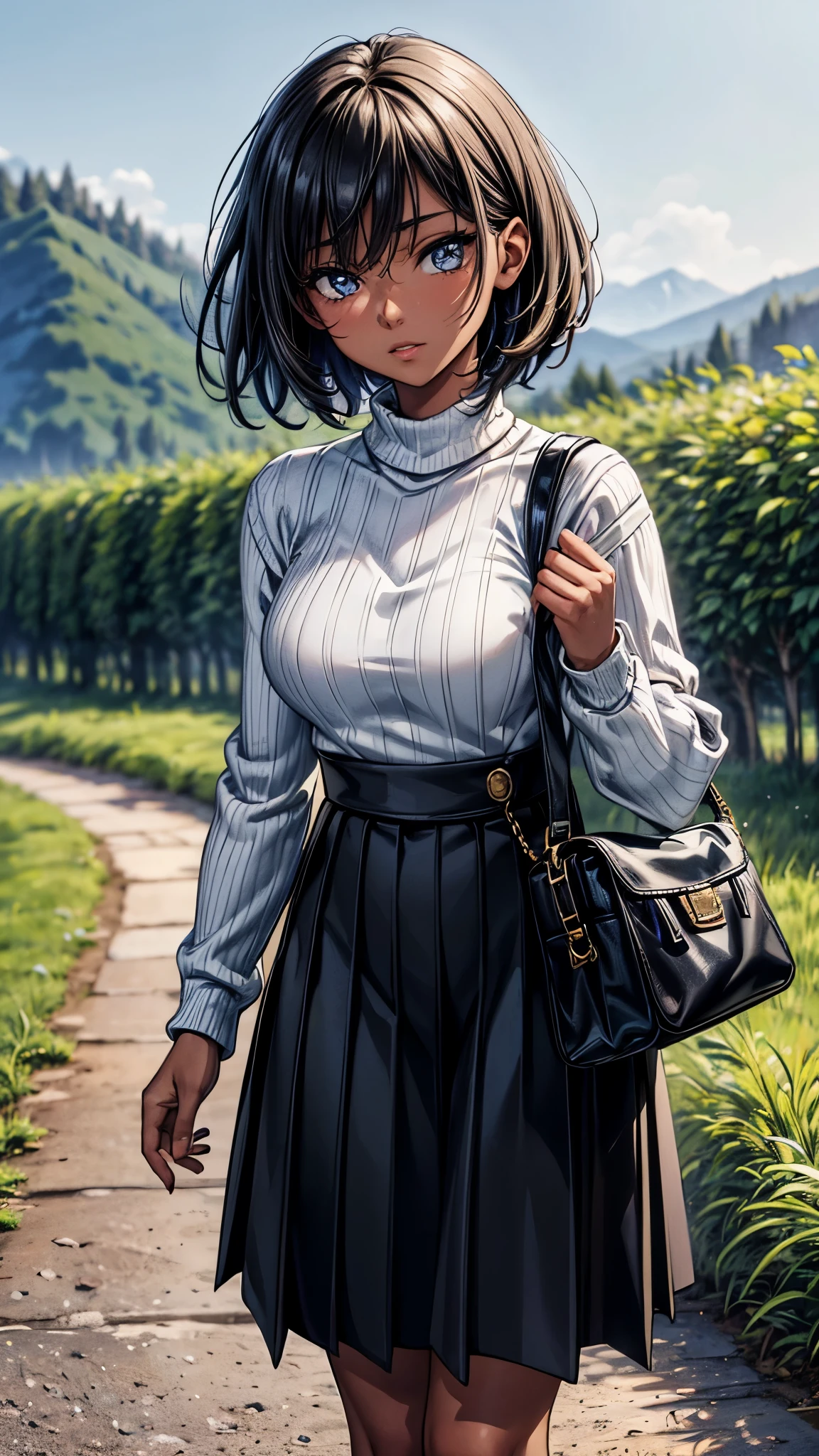 ((look away2.0)),((face close up)),beautiful detailed eyes, beautiful detailed lips, extremely detailed eyes and face, longeyelashes, 1 Japanese girl, outside the countryside,16 years old,((dark skin color2.0)), (very short black hair),displeased,casual ((ribbed sweater)),((long sleeve)),((long skirt)),((high-waist skirt)),blue sneaker, shoulder bag, walk the countryside,best quality, 4k, 8k, highres, masterpiece:1.2, ultra-detailed, realistic, photorealistic, photo-realistic:1.37, HDR, UHD, studio lighting, ultra-fine painting, sharp focus, physically-based rendering, extreme detail description, professional, vivid colors, bokeh, portraits