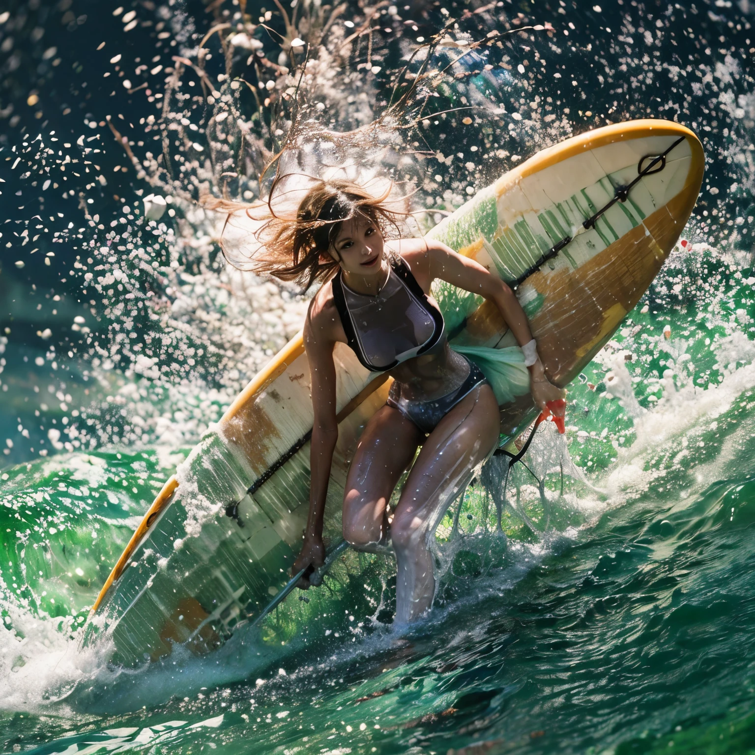 (ZoomedOut:1.28, Wide-shot) ZoomLayer (Epic photo of surfer magazine:1.37). (Full of Water, Everything Wetted:1.4) WetHair (extremely detailed Cute Girl in RED)(SparklingHighlights:1.28), Dynamic Joyful Expressions LifeLike Rendering (ManoErina:1.0) . Overflowing Gigantic Sideboob (Clearly Visible Beautiful Breast to Buttocks Line) Tiny and Roundly Butt, Detailed wet clothing texture, (Sloppy Surfboard:-1.2) Riding on waves, Sparkling water, TyndallEffect(Starry Water Particles:1.32), Whole Body proportions and all limbs are anatomically accurate