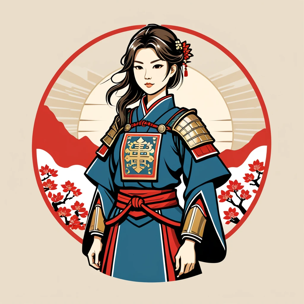 female paladin in japan folk outfit, vector graphics, strong contours, logo design
