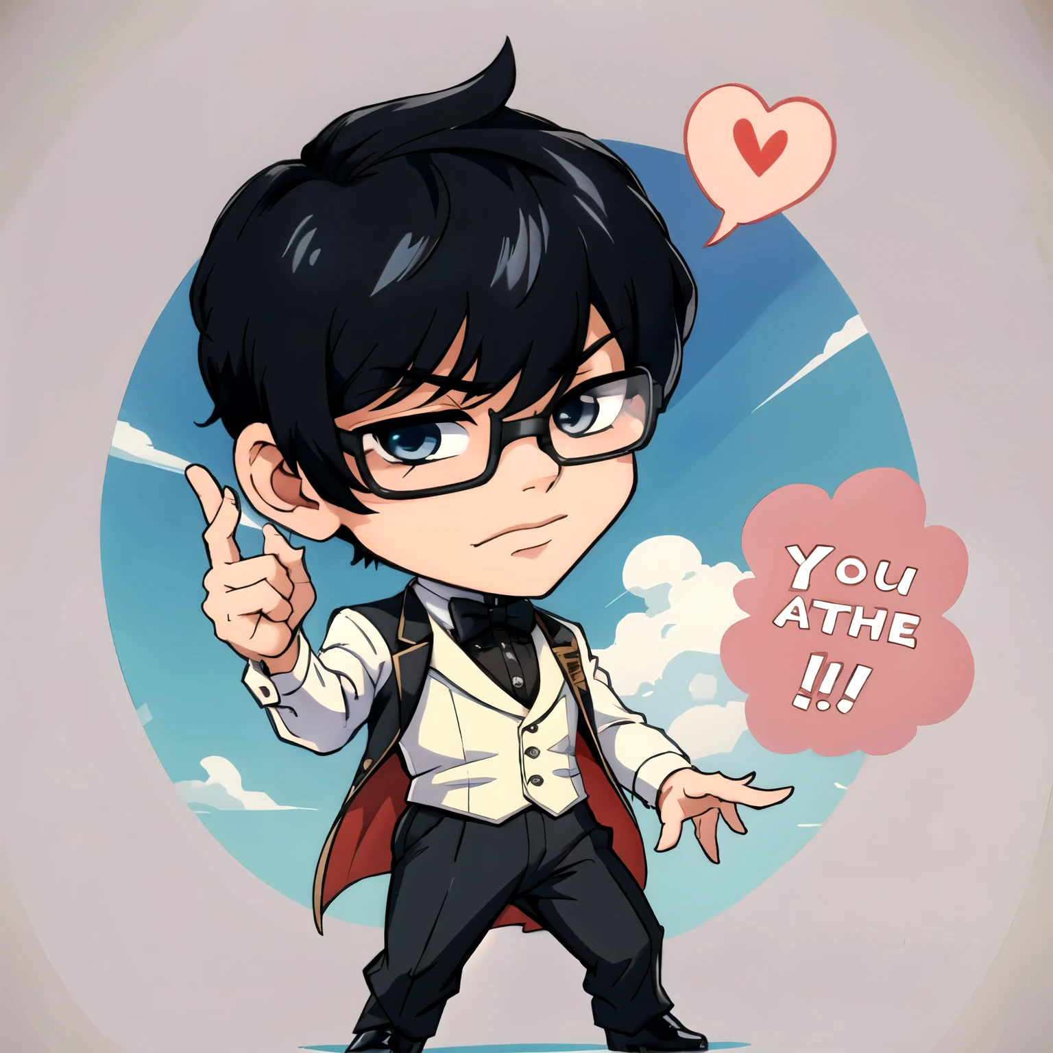 (chibi:1.4),full body standing,Kind Face,undercut hair,A handsome man with black hair wearing sunglasses、I would like an illustration of someone wearing a tuxedo.。