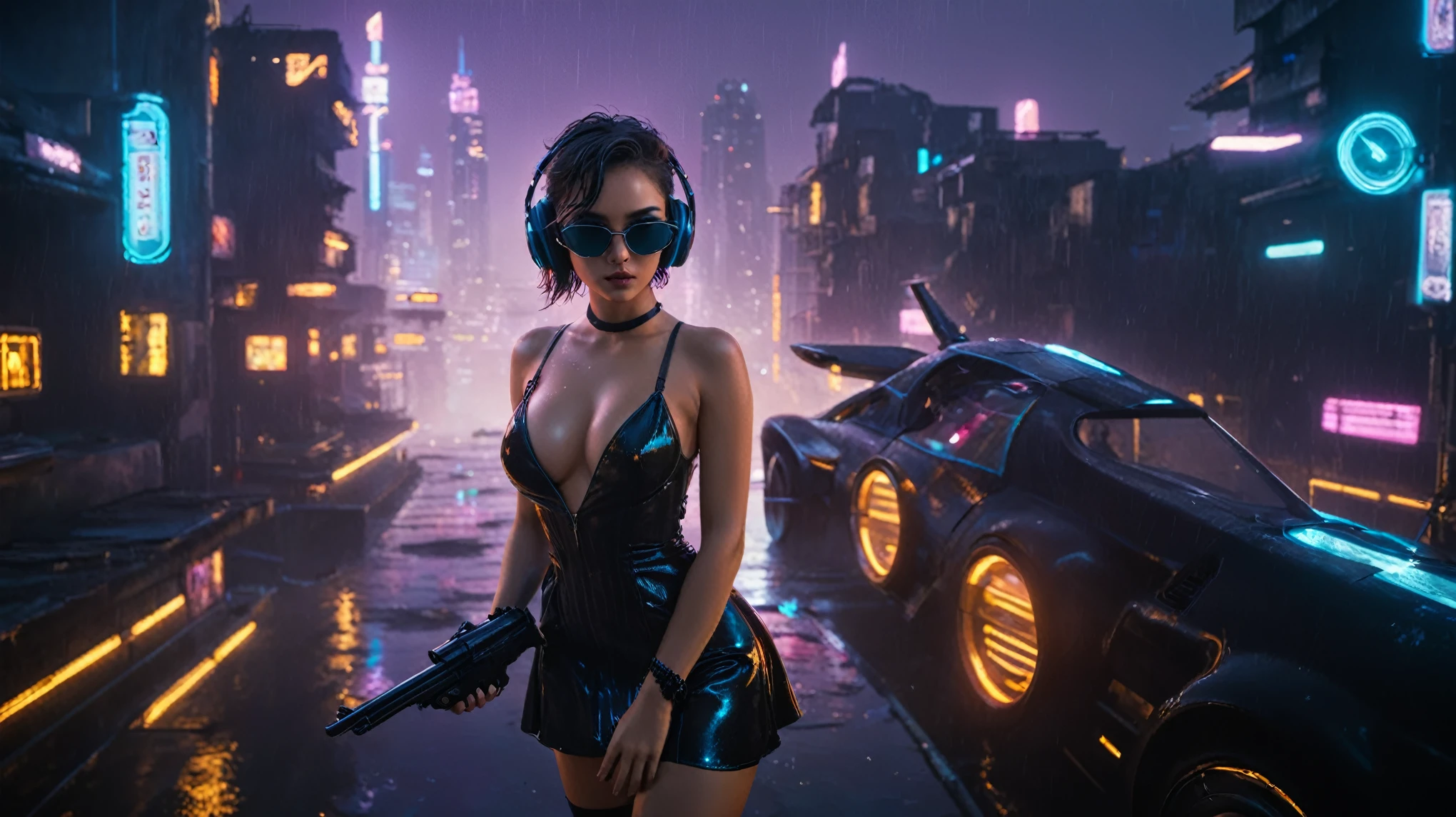 (aerial view, a flying cars docking platform, a very dark abandoned futuristic city, neon lights), rainy night. 1girl, solo, alone, large-breast:1.2 slim body, cleavage:1.1, sexy wind blowing wet dress:1.4, (headphone, black sunglasses), (((((she raised:1.8 a pistol:1.8 and took aim at viewer))))), dynamic pose, (((half-body thigh level medium shot))), cinematic lighting, lens flare, ray tracing.