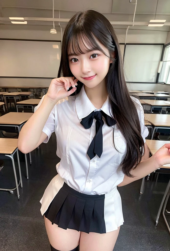 Highest quality, masterpiece,8k, Ultra-high resolution, (Smile),(Realistic: 1.4), RAW Photos, Dynamic Pose,Black Hair,((uniform)),Young,1 girl, Glowing Skin, classroom, Dramatic lighting, whole body, high school girl,((naked))