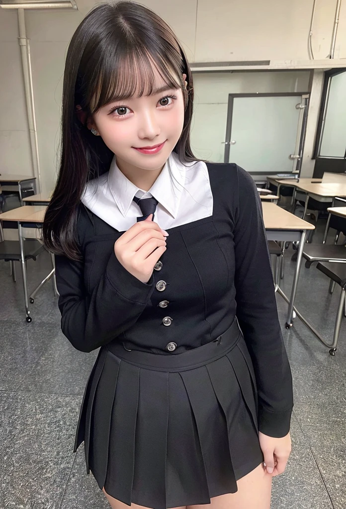 Highest quality, masterpiece,8k, Ultra-high resolution, (Smile),(Realistic: 1.4), RAW Photos, Dynamic Pose,Black Hair,((uniform)),Young,1 girl, Glowing Skin, classroom, Dramatic lighting, whole body, high school girl,((naked))