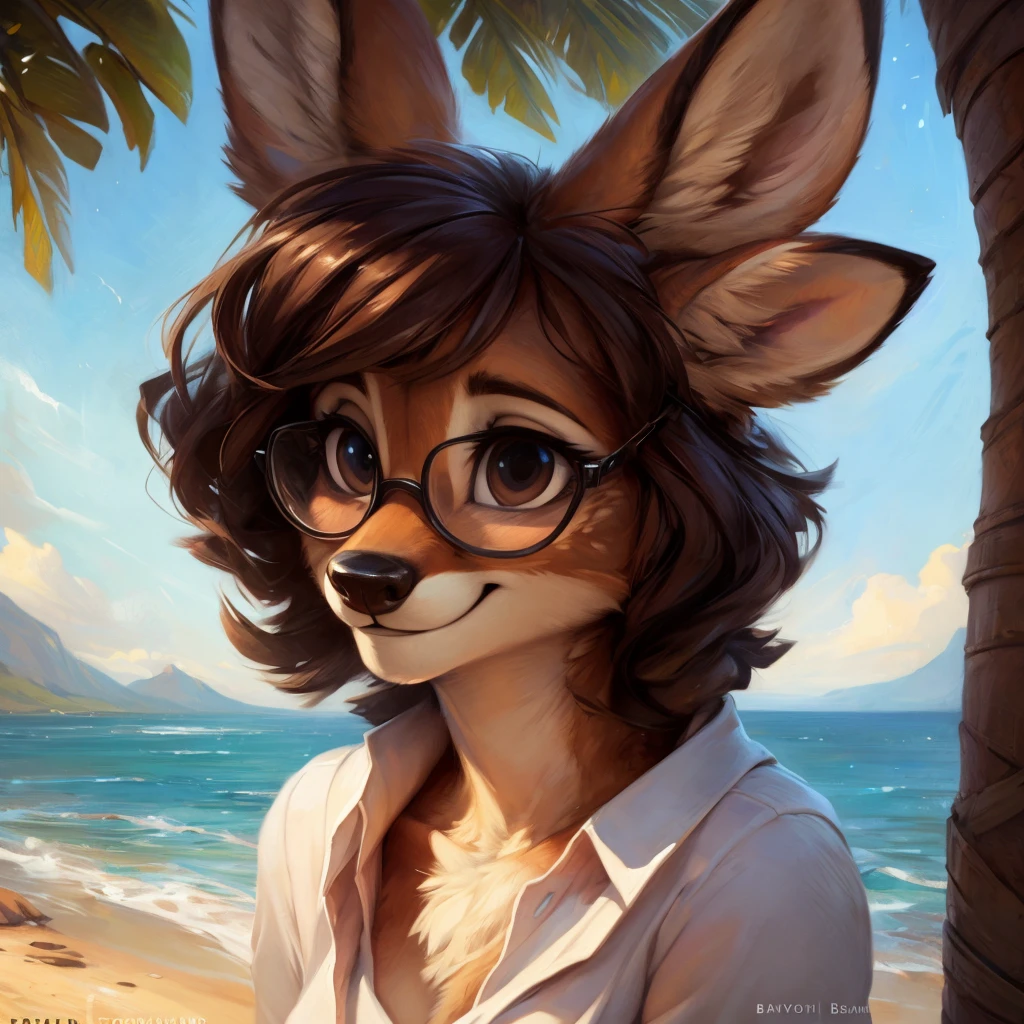 uploaded on e621, by Pixelsketcher, by Bayard Wu, by Thomas Benjamin Kennington , by Einshelm, by hioshiru and kenket, Chunie, portrait, solo anthro female deer doe, with small featureless breasts, clear dark blue, cinematic lighting, day, sunny day, beach, stays in the sea, sea background, mediterranean background, horizon background, shiny, short curly dark brown hair, wears big black nerd glasses, very very beautiful furry art, furry art, smiling, joyful, shiny, happy, feminine, cute face, muzzle, fluffy chest, flawless face, Fallow deer, 1girl, Sakimichan is beautiful, Masterpiece, Wavethesallow Face, shiny, Detailed image, portrait, Detailed image, portrait, full body, wearing wide, long, white blouse, shiny, realistic face, perfect anatomy, hourglass body, (furry body:1.1), anthropomorphic deer, small fluffy tail, detailed background, (cute anatomy:1.1), windy, smiling, very happy, happy
