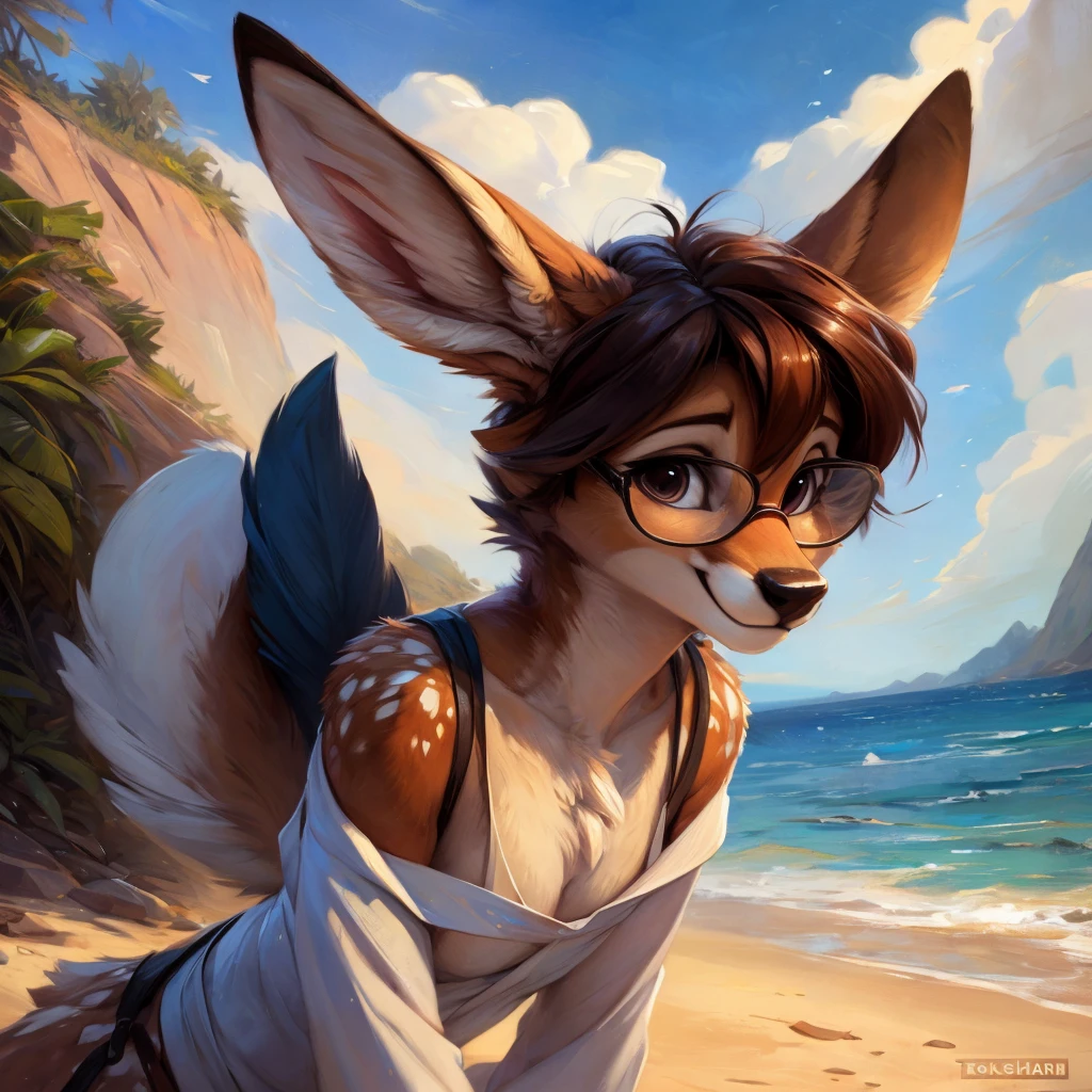 uploaded on e621, by Pixelsketcher, by Bayard Wu, by Thomas Benjamin Kennington , by Einshelm, by hioshiru and kenket, Chunie, portrait, solo anthro female deer doe, with small featureless breasts, clear dark blue, cinematic lighting, day, sunny day, beach, stays in the sea, sea background, mediterranean background, horizon background, shiny, short curly dark brown hair, wears big black nerd glasses, very very beautiful furry art, furry art, smiling, joyful, shiny, happy, feminine, cute face, muzzle, fluffy chest, flawless face, Fallow deer, 1girl, Sakimichan is beautiful, Masterpiece, Wavethesallow Face, shiny, Detailed image, portrait, Detailed image, portrait, full body, wearing wide, long, white blouse, shiny, realistic face, perfect anatomy, hourglass body, (furry body:1.1), anthropomorphic deer, small fluffy tail, detailed background, (cute anatomy:1.1), windy, smiling, very happy, happy
