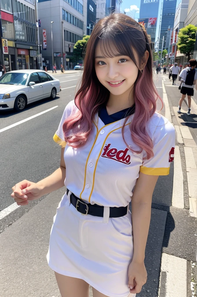 Japanese female, 20 years old, smiling, mouth open, long pink hair, longer hair, brown eyes, small breasts, yellow baseball uniform, full body, legs spread wide left to right, spread wider, hands clasped behind head, background is the streets of Akihabara, daytime