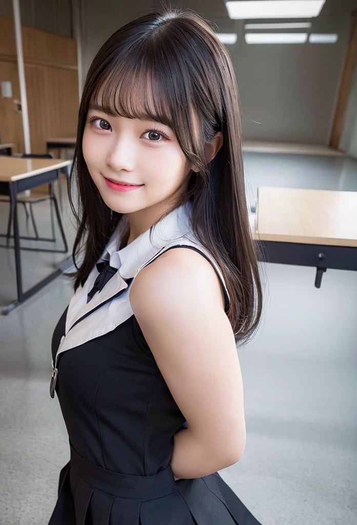 Highest quality, masterpiece,8k, Ultra-high resolution, (Smile),(Realistic: 1.4), RAW Photos, Dynamic Pose,Black Hair,((uniform)),Young,1 girl, Glowing Skin, classroom, Dramatic lighting, whole body, high school girl,((naked))