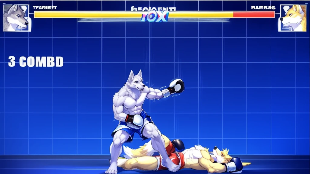 a detailed picture of a boxing match (male anthros, two boy), slim body, slim features, in a boxing ring, Ross Tran, ruan jia, trending on artstation, foxovh,User Interface of Fighting game, Crisis, assorted poses, assorted expression, full body, sound effects, motion blur, from side, ((yellow wolf, blue shorts, shirtless, abs, chest, knocked out on the floor)), (((gray wolf, white shorts, boxing pose))) “VS” 