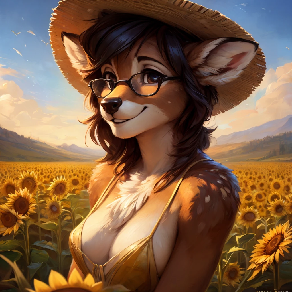uploaded on e621, by Pixelsketcher, by Bayard Wu, by Thomas Benjamin Kennington , by Einshelm, by hioshiru and kenket, Chunie, portrait, solo anthro female deer doe, with small featureless breasts, clear dark blue, cinematic lighting, day, sunny day, sunflower field, stands in a high sunflower field, sunflower field background, sunflowers, mediterranean background, horizon background, shiny, chin short curly dark brown hair, wears big black nerd glasses, very very beautiful furry art, furry art, smiling, joyful, shiny, happy, feminine, cute face, muzzle, fluffy chest, flawless face, Fallow deer, 1girl, Sakimichan is beautiful, Masterpiece, Wavethesallow Face, shiny, Detailed image, portrait, Detailed image, portrait, full body, wearing pure white and wide spaghetti straps dress, wearing big and wide beige summer straw hat, shiny, realistic face, perfect anatomy, hourglass body, (furry body:1.1), anthropomorphic deer, looks at the viewer, small fluffy tail, detailed background, (cute anatomy:1.1)