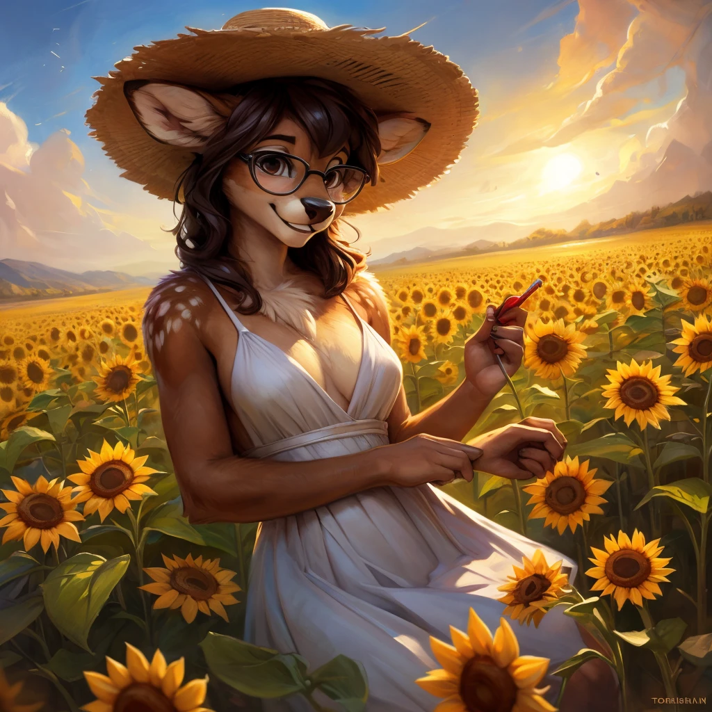 uploaded on e621, by Pixelsketcher, by Bayard Wu, by Thomas Benjamin Kennington , by Einshelm, by hioshiru and kenket, Chunie, portrait, solo anthro female deer doe, with small featureless breasts, clear dark blue, cinematic lighting, day, sunny day, sunflower field, stands in a high sunflower field, sunflower field background, sunflowers, mediterranean background, horizon background, shiny, chin short curly dark brown hair, wears big black nerd glasses, very very beautiful furry art, furry art, smiling, joyful, shiny, happy, feminine, cute face, muzzle, fluffy chest, flawless face, Fallow deer, 1girl, Sakimichan is beautiful, Masterpiece, Wavethesallow Face, shiny, Detailed image, portrait, Detailed image, portrait, full body, wearing pure white and wide spaghetti straps dress, wearing big and wide beige summer straw hat, shiny, realistic face, perfect anatomy, hourglass body, (furry body:1.1), anthropomorphic deer, looks at the viewer, small fluffy tail, detailed background, (cute anatomy:1.1)