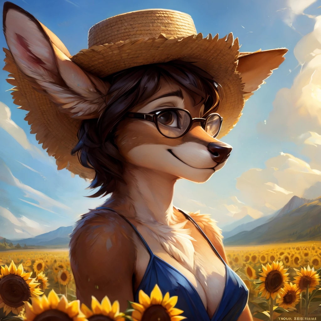 uploaded on e621, by Pixelsketcher, by Bayard Wu, by Thomas Benjamin Kennington , by Einshelm, by hioshiru and kenket, Chunie, portrait, solo anthro female deer doe, with small featureless breasts, clear dark blue, cinematic lighting, day, sunny day, sunflower field, stands in a high sunflower field, sunflower field background, sunflowers, mediterranean background, horizon background, shiny, chin short curly dark brown hair, wears big black nerd glasses, very very beautiful furry art, furry art, smiling, joyful, shiny, happy, feminine, cute face, muzzle, fluffy chest, flawless face, Fallow deer, 1girl, Sakimichan is beautiful, Masterpiece, Wavethesallow Face, shiny, Detailed image, portrait, Detailed image, portrait, full body, wearing pure white and wide spaghetti straps dress, wearing big and wide beige summer straw hat, shiny, realistic face, perfect anatomy, hourglass body, (furry body:1.1), anthropomorphic deer, looks at the viewer, small fluffy tail, detailed background, (cute anatomy:1.1)
