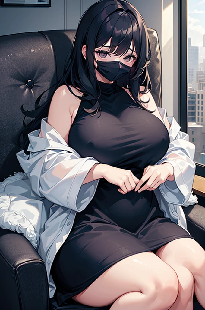 Woman, (Big_breast) (bang_covering_eyes) (messy_hair) (cute) (Happy) (Chubby) (Dark_Navy_Hair) (Wearing_Dress_Black) (Wearing_Facemask) (Sitting_Legs_Crossed) (In_LivingRoom)