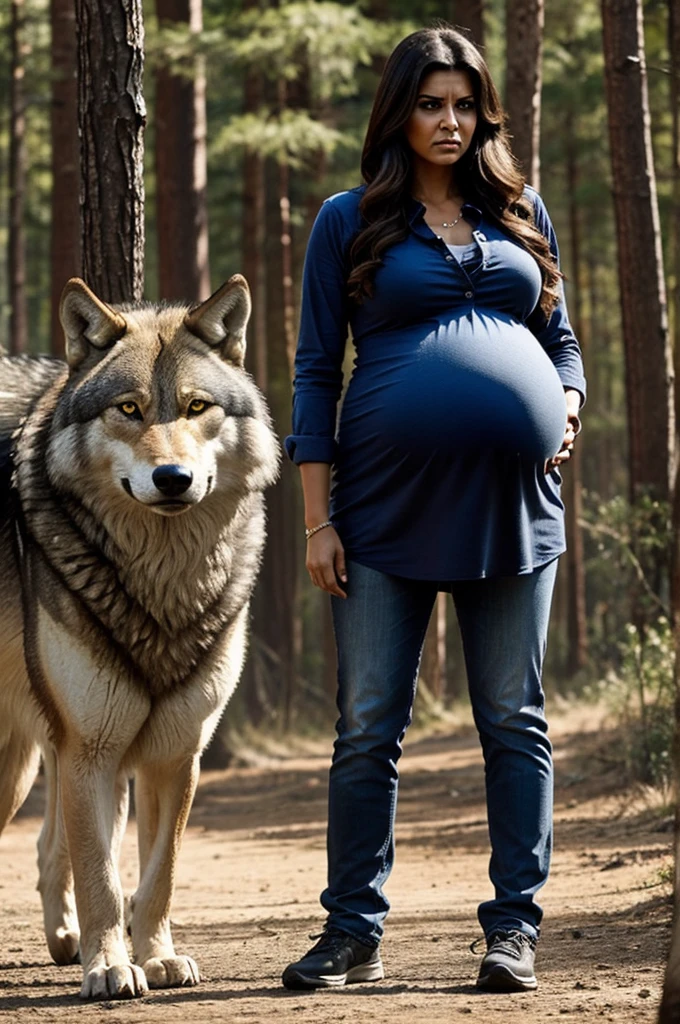 An angry looking pregnant woman, standing from an alpha male and a wolf