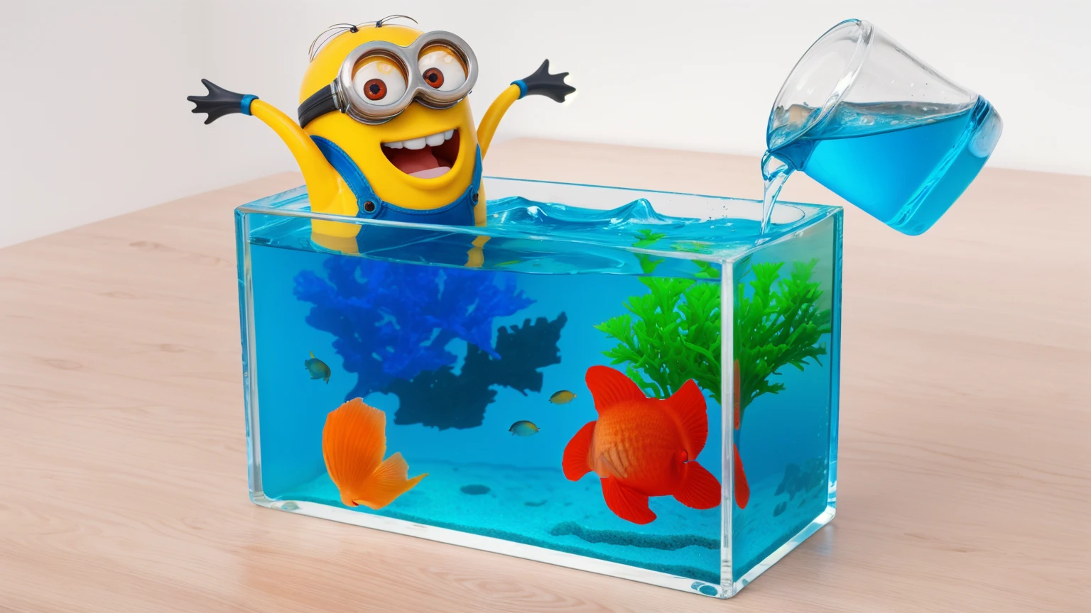 on a wooden table, there is a glass aquarium with blue water, a minion sitting in an aquarium, plastic red starfish in the aquarium, orange plastic shell and plastic green algae . water is poured from a measuring cup into an aquarium, against the background of the kitchen .beautiful lighting, Beautiful sunlight, realistic style , realistic texture, detailed texture, a high resolution, high quality, ultra hd 4k 