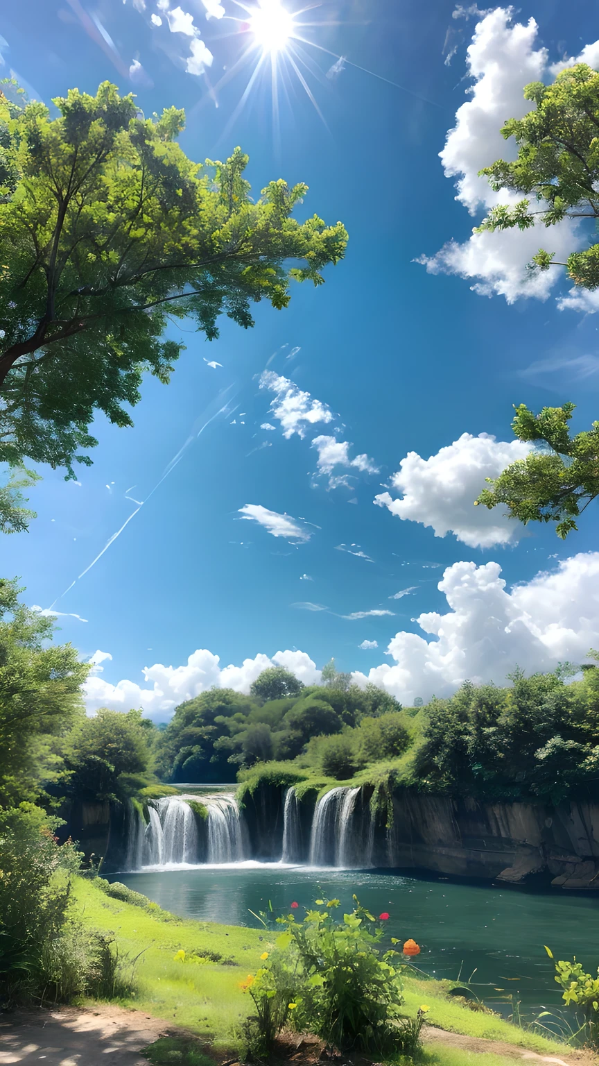 Broad, Bright blue sky filled with fluffy white clouds，Exposed to sunlight. below, A broad city landscape stretches across the entire screen, Its details are bathed in the natural light and shadows of the sky.. This scene gives people a sense of vastness and tranquility.