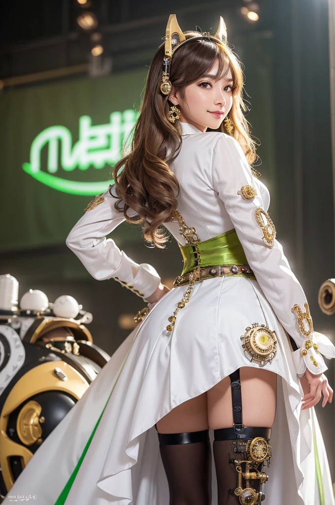 Woman portrait、Highest quality、Rear view、8k,Detailed face, clear, Fine skin、Clear, beautiful eyes、whole body、(Curly Hair)、My hair was messed up by the wind、The beauty of a smile、(Glamorous Muscle、tall),(Hip_superior, Hip superior), Mature Woman,( Watching the audience),Realistic, High resolution, Soft Light,1 female, alone, Hipアップ, Glowing Skin, (Detailed face), Sexy smile, Perfect Style, Perfect balance,Platinum gold hair,Long Hair,Naughty look,((Steampunk Hanbok、arabic pattern),(Yellow-green and white mecha, High-tech Mecha,Beautiful steampunk cyborg woman,Steampunk Mecha Cyborg Girl,Steampunk lime green and white hanbok,Steampunk white dress shirt、buttons、spikes,Beads,elbow gloves,Short jeweled tie、Gemstone Helmet,belt steampunk bodystocking,High leg,fake animal ears),((arms behind back)),(bokeh),(studio lighting)