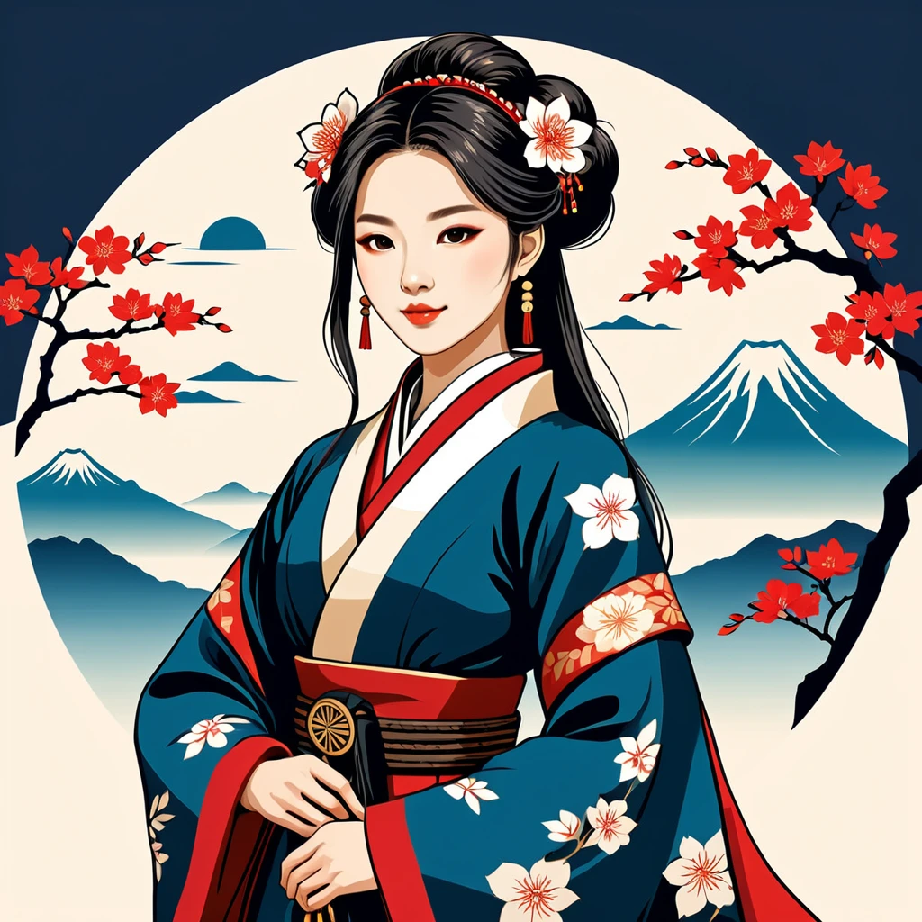 female bard in japan folk outfit, vector graphics, strong contours, logo design