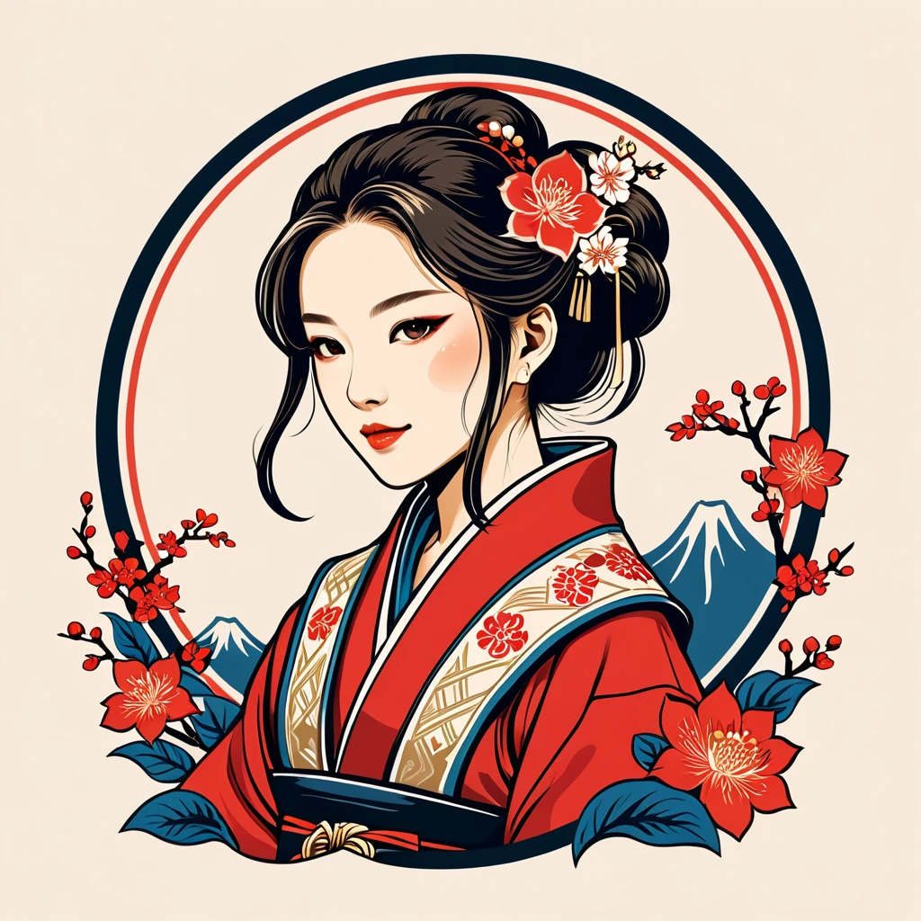 female bard in japan folk outfit, vector graphics, strong contours, logo design