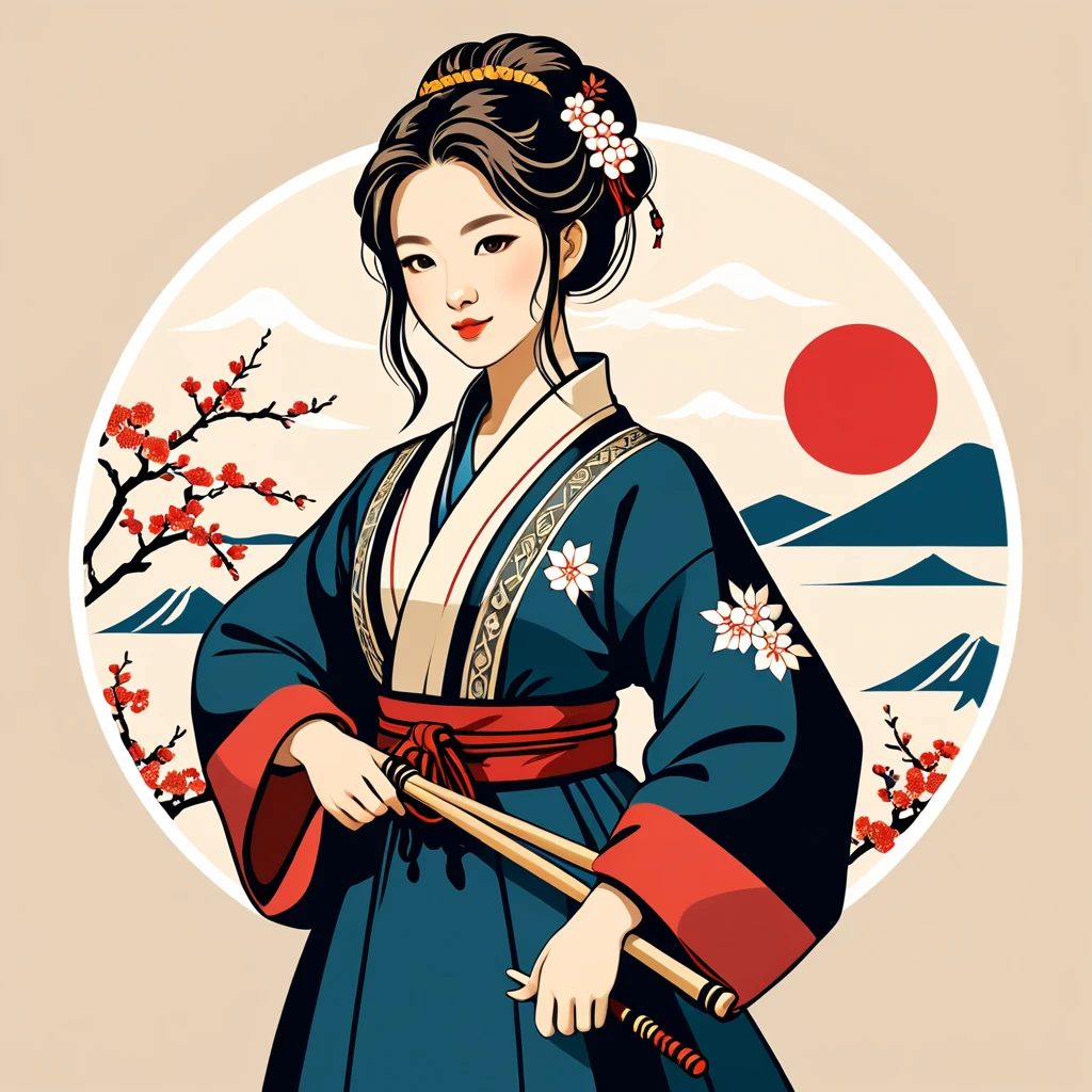 female bard in japan folk outfit, vector graphics, strong contours, logo design