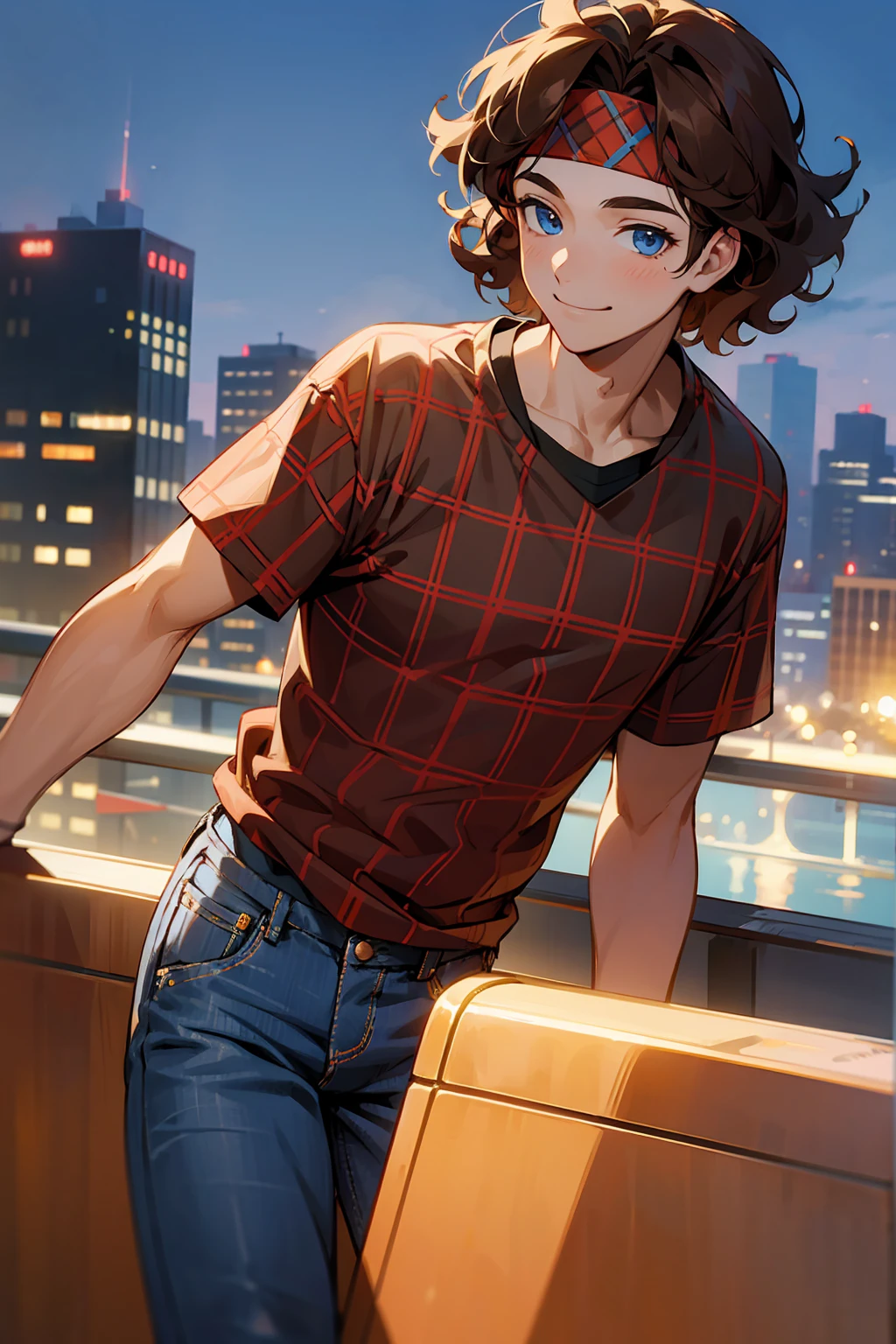 1male, Young Adult, Brown Hair, Curly Hair, Blue Eyes, Jeans, Headband, Flannel Shirt, City Background, Smile
