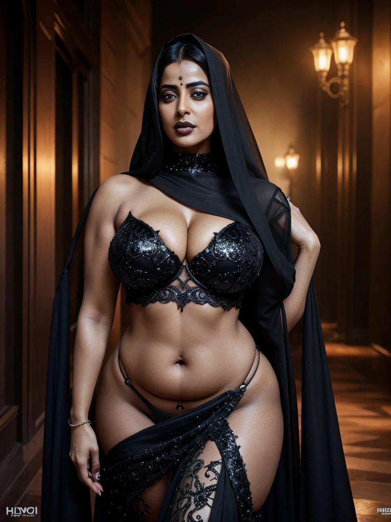 Looks like Mahie Gill, full body Closeup shot, Big chubby aunty, milf, cougar lady witch, horny Gothic milf, 70 years old gorgeous mature lady, pervert demoness, demoness of lust, curvy, black lips, horny face, extremely gorgeous, thick figure, heavy physique, voluptuous, curvy, sexy figure, Fashionable portrait of androgynous alien looking witch wearing veil, glowing eyes, futuristic design, minimal details, givenchy, photoreal, 200mm, hd, f/ 2.0, highly detailed, surreal, sexy beautiful evil woman, sexy bold sequin Saree with strapless Bra, chudail, Pishachini, horror genre, blood-thirsty enchantress, powerful female spirit, eerie, drop dead, in the style of red and blue, (intricate details, hyperdetailed:1.15) (skin texture:1.2), dark Moody tone, cinematic lighting, haunted place in background, hot Amma, hot aunty, hot bhabi, hot Chachi, heavy figure, fleshy figure, heavy and saggy breast, spicy hot woman,