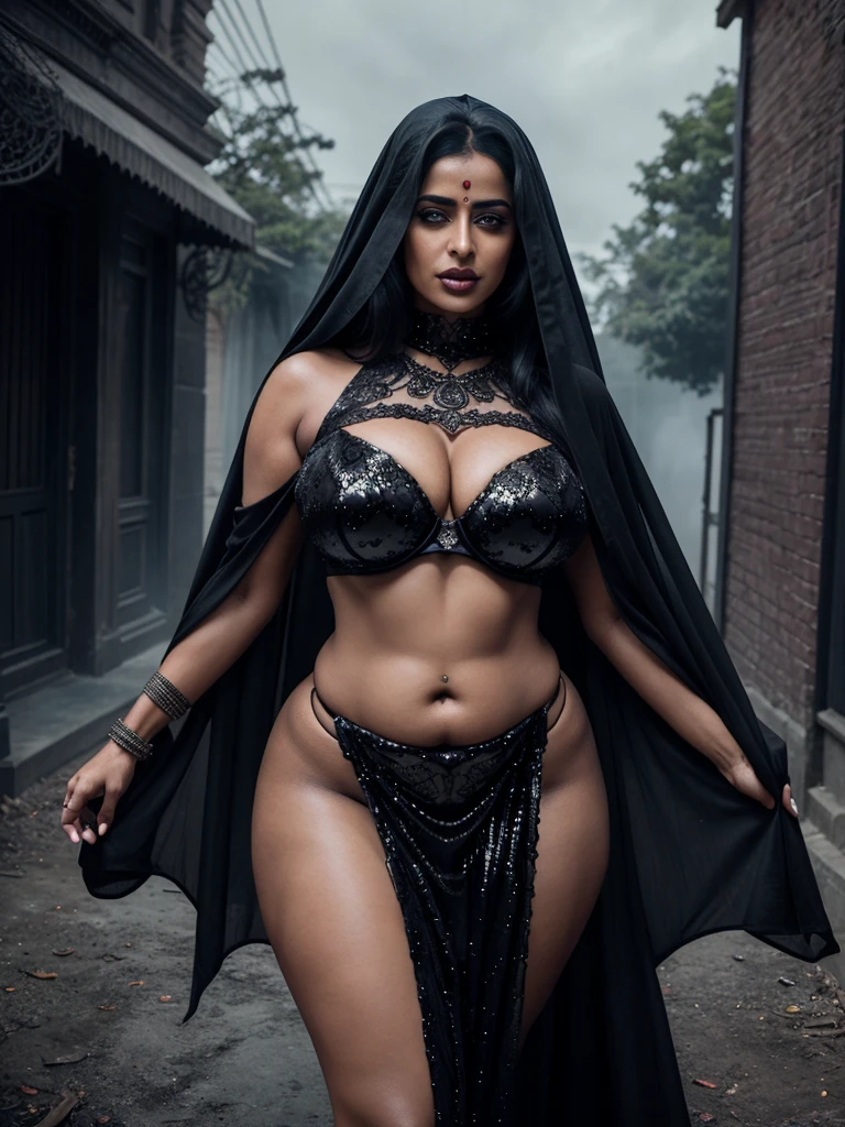 Looks like Mahie Gill, full body Closeup shot, Big chubby aunty, milf, cougar lady witch, horny Gothic milf, 70 years old gorgeous mature lady, pervert demoness, demoness of lust, curvy, black lips, horny face, extremely gorgeous, thick figure, heavy physique, voluptuous, curvy, sexy figure, Fashionable portrait of androgynous alien looking witch wearing veil, glowing eyes, futuristic design, minimal details, givenchy, photoreal, 200mm, hd, f/ 2.0, highly detailed, surreal, sexy beautiful evil woman, sexy bold sequin Saree with strapless Bra, chudail, Pishachini, horror genre, blood-thirsty enchantress, powerful female spirit, eerie, drop dead, in the style of red and blue, (intricate details, hyperdetailed:1.15) (skin texture:1.2), dark Moody tone, cinematic lighting, haunted place in background, hot Amma, hot aunty, hot bhabi, hot Chachi, heavy figure, fleshy figure, heavy and saggy breast, spicy hot woman,