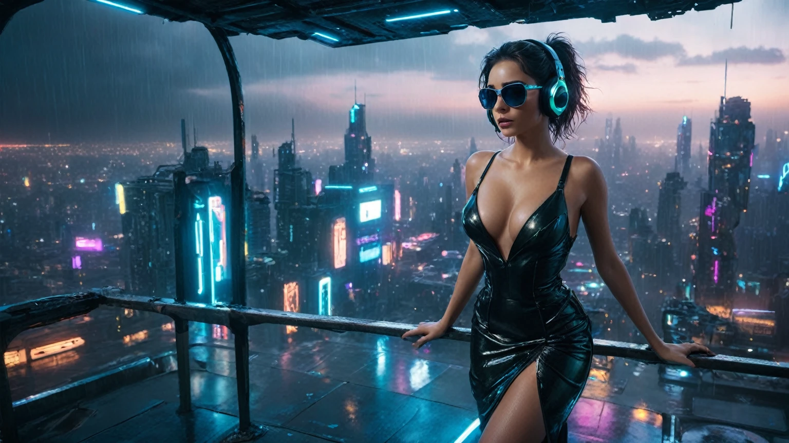 (aerial view, a flying cars docking platform, a very dark abandoned futuristic city, neon lights), rainy night. 1girl, solo, alone, large-breast:1.2 slim body, cleavage:1.1, sexy wind blowing wet dress:1.4, (headphone, black sunglasses), (((((she raised:1.8 a pistol:1.8 and took aim at viewer))))), dynamic pose, (((half-body thigh level medium shot))), cinematic lighting, lens flare, ray tracing.