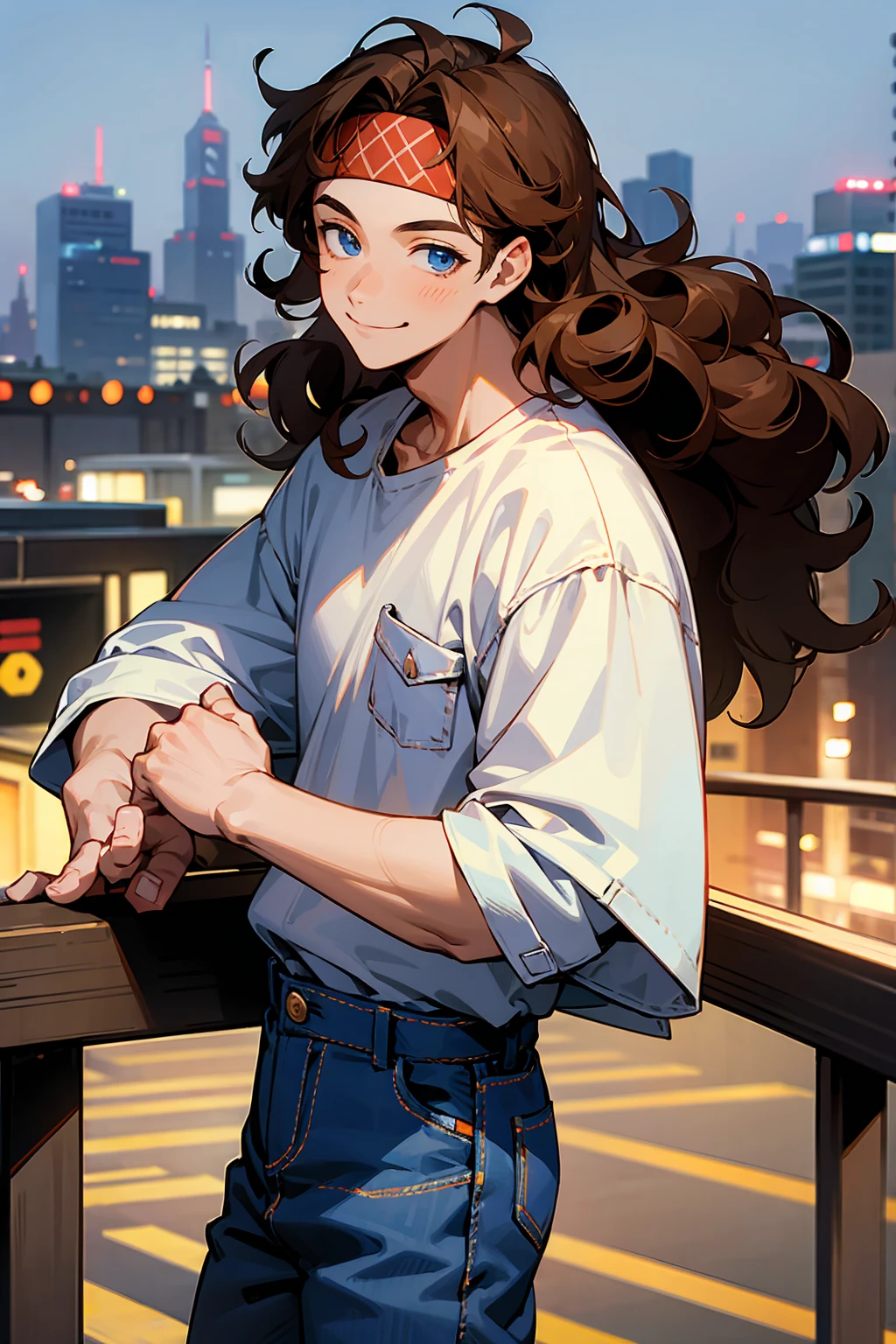 1male, Young Adult, Brown Hair, Curly Hair, Blue Eyes, Jeans, Headband, Flannel Shirt, City Background, Smile