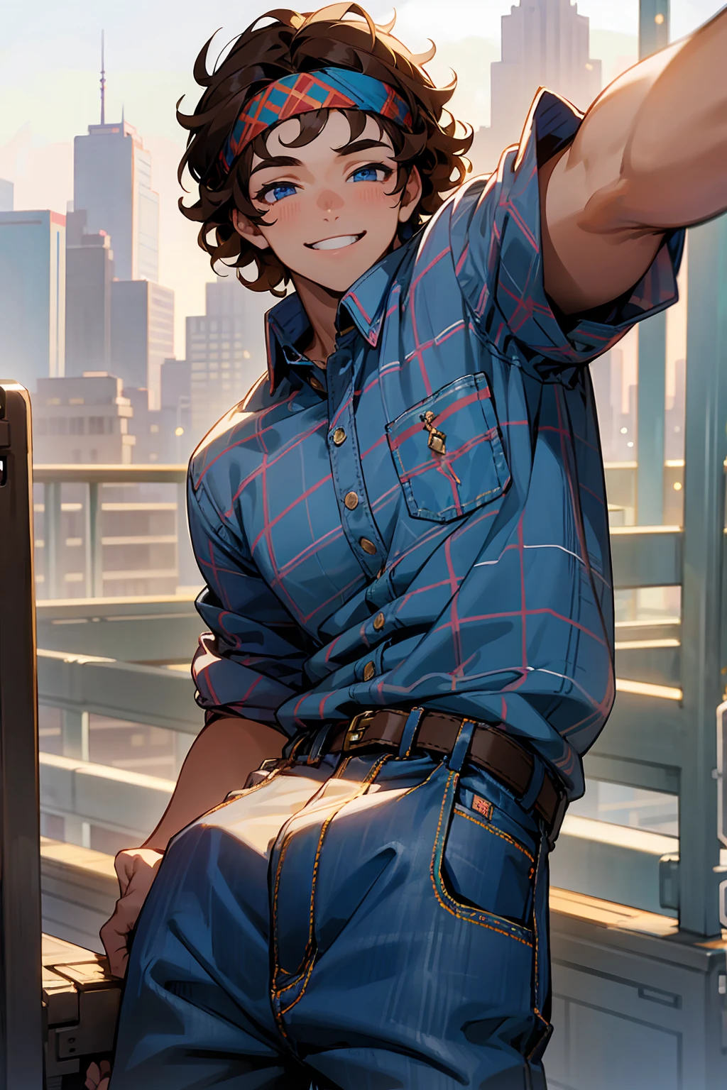 1male, Young Adult, Brown Hair, Curly Hair, Blue Eyes, Jeans, Headband, Flannel Shirt, City Background, Smile