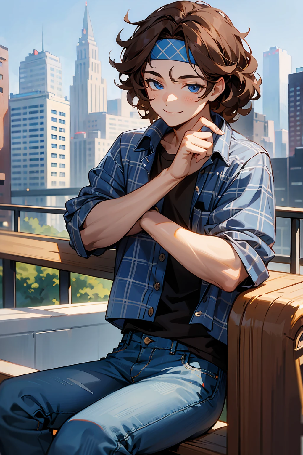 1male, Young Adult, Brown Hair, Curly Hair, Blue Eyes, Jeans, Headband, Flannel Shirt, City Background, Smile