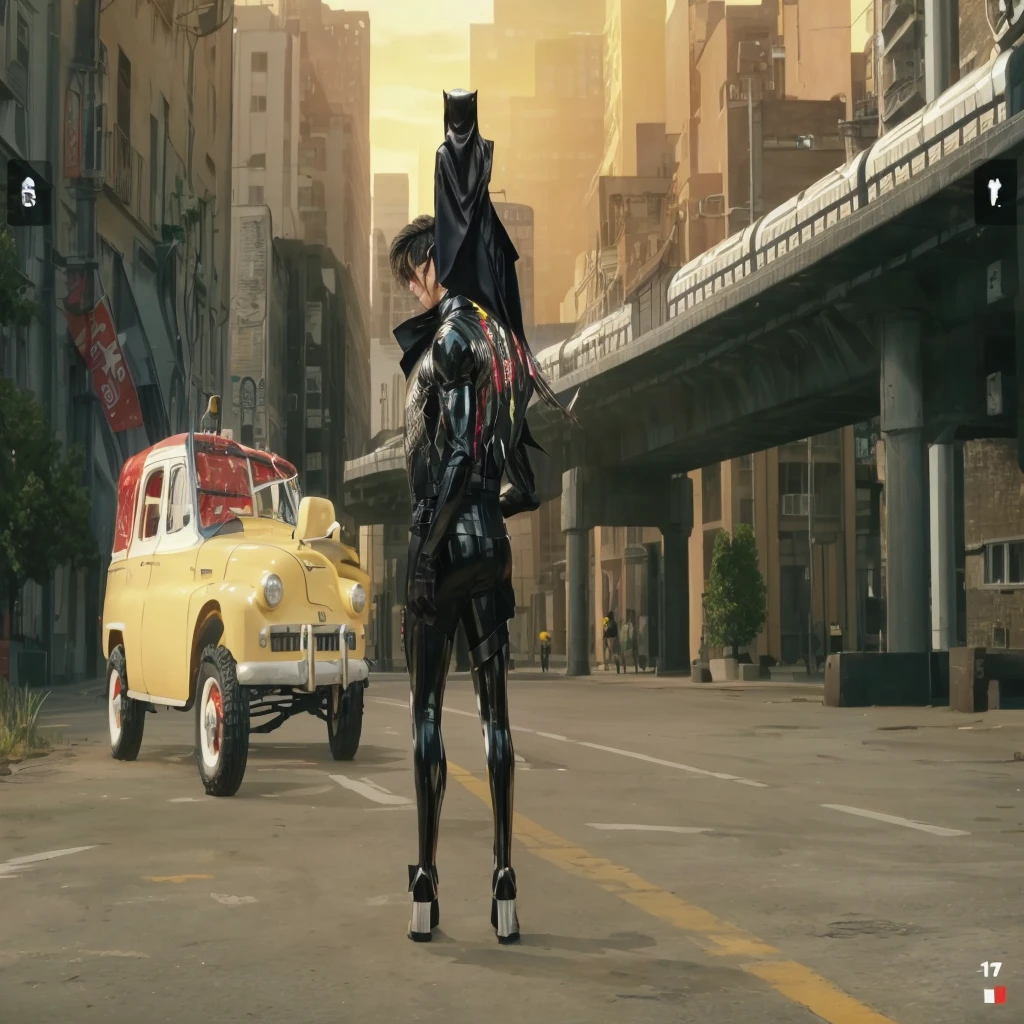This is a screen shot of a game where a man in black costume and a car in back