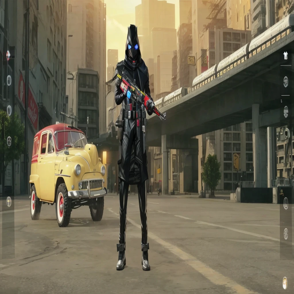 This is a screen shot of a game where a man in black costume and a car in back