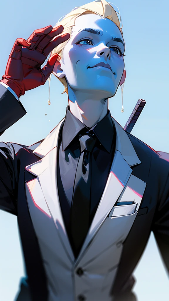 Output

a close up of a person in a suit and tie, deadpool, blue sky background, still frame from a movie, long neck, realistic fortnite, reaching towards the heavens, flat image, pure face, background removed, animated, very clear image, assembled, 3d characters, -ar 16:9, pure white background, (31, derpy