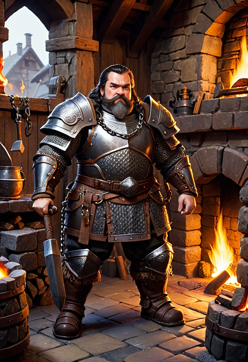 dwarf with heavy chain armor. he is holding a hammer. he is standing in a forge with a fireplace.