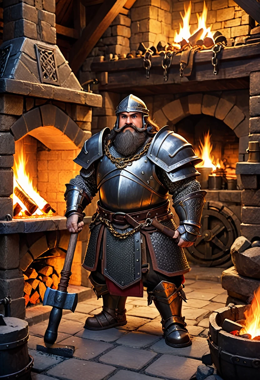 dwarf with heavy chain armor. he is holding a hammer. he is standing in a forge with a fireplace.