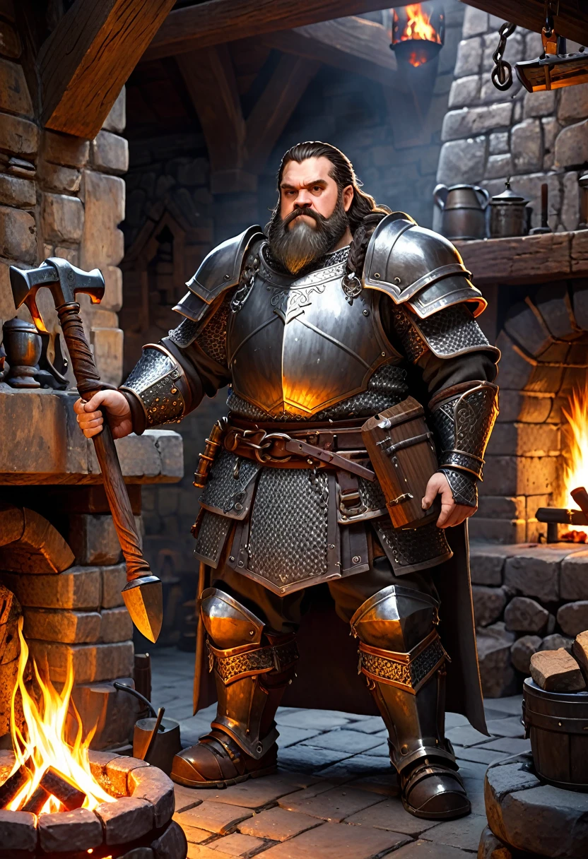 dwarf with heavy chain armor. he is holding a hammer. he is standing in a forge with a fireplace.