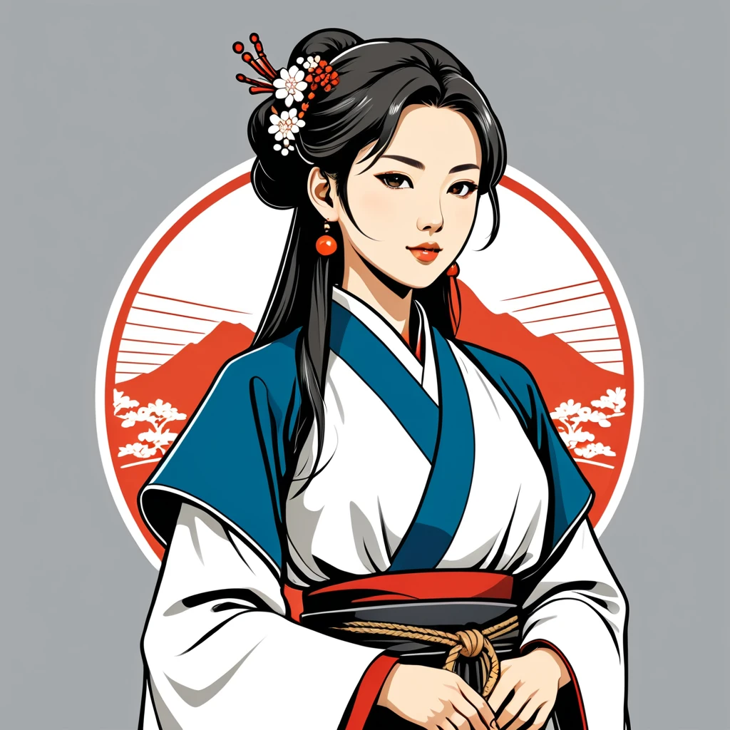 female cleric in japan folk outfit, vector graphics, strong contours, logo design
