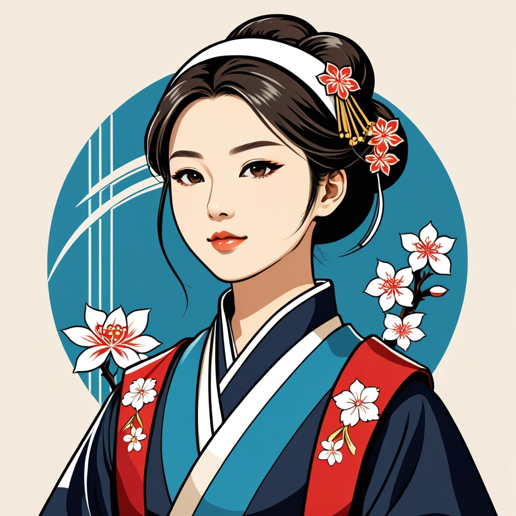 female cleric in japan folk outfit, vector graphics, strong contours, logo design
