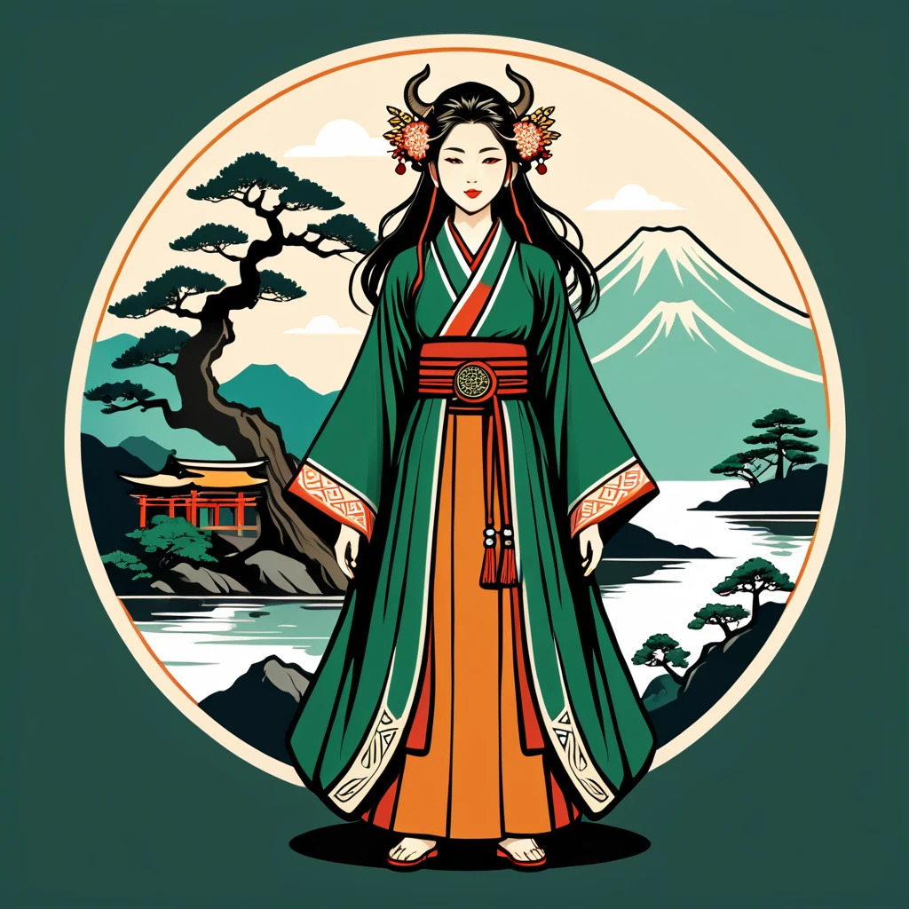 female druid in japan folk outfit, vector graphics, strong contours, logo design
