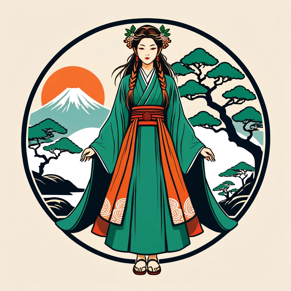 female druid in japan folk outfit, vector graphics, strong contours, logo design