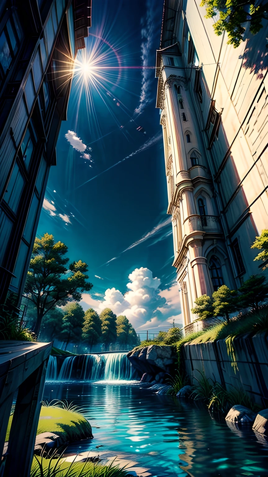 Broad, Bright blue sky filled with fluffy white clouds,Exposed to sunlight. below, A broad city landscape stretches across the entire screen, Its details are bathed in the natural light and shadows of the sky.. This scene gives people a sense of vastness and tranquility.