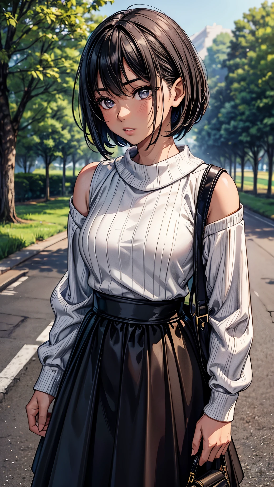 ((look away2.0)),((face close up)),beautiful detailed eyes, beautiful detailed lips, extremely detailed eyes and face, longeyelashes, 1 Japanese girl, outside the countryside,16 years old,((dark skin color2.0)), (very short black hair),displeased,casual ((ribbed sweater)),((long sleeve)),((pink long skirt)),((high-waist skirt)),blue sneaker, shoulder bag, walk the countryside,best quality, 4k, 8k, highres, masterpiece:1.2, ultra-detailed, realistic, photorealistic, photo-realistic:1.37, HDR, UHD, studio lighting, ultra-fine painting, sharp focus, physically-based rendering, extreme detail description, professional, vivid colors, bokeh, portraits