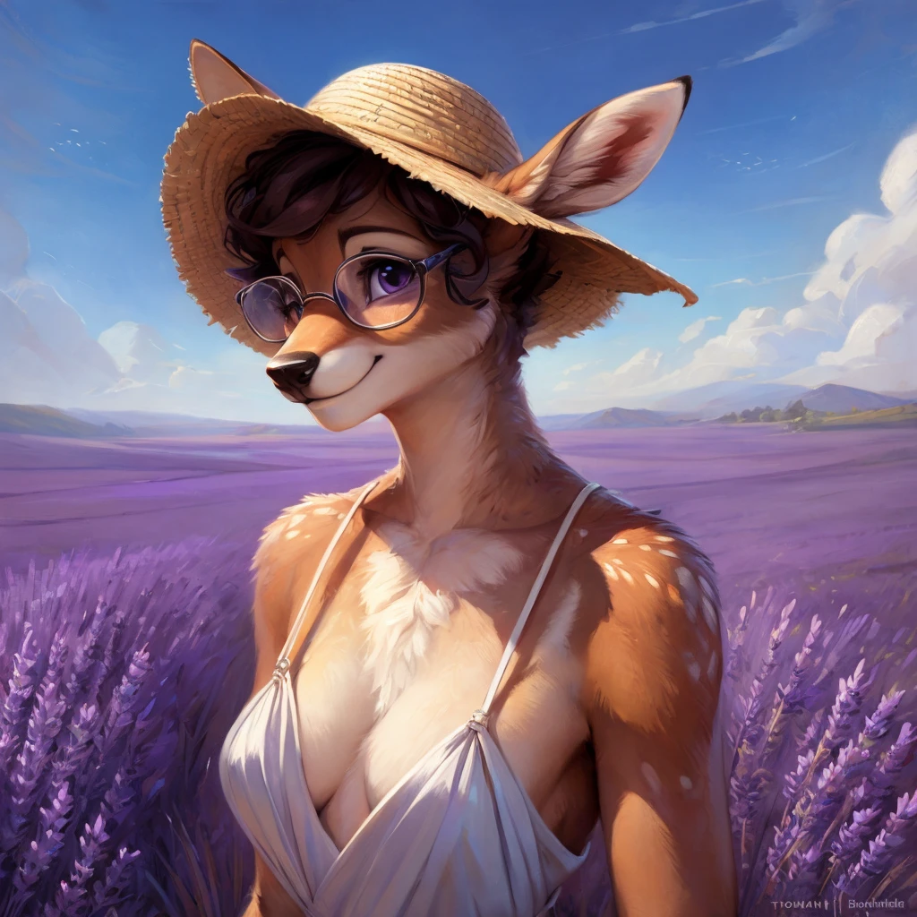 uploaded on e621, by Pixelsketcher, by Bayard Wu, by Thomas Benjamin Kennington , by Einshelm, by hioshiru and kenket, Chunie, portrait, solo anthro female deer doe, with small featureless breasts, clear dark blue, cinematic lighting, day, sunny day, lavender field, stays in a lavender field, lavender field background, mediterranean background, horizon background, shiny, short curly dark brown hair, wears big black nerd glasses, very very beautiful furry art, furry art, smiling, joyful, shiny, happy, feminine, cute face, muzzle, fluffy chest, flawless face, Fallow deer, 1girl, Sakimichan is beautiful, Masterpiece, Wavethesallow Face, shiny, Detailed image, portrait, Detailed image, portrait, full body, wearing pure white and wide spaghetti straps dress, wearing big and wide beige summer straw hat, shiny, realistic face, perfect anatomy, hourglass body, (furry body:1.1), anthropomorphic deer, looks at the viewer, small fluffy tail, detailed background, (cute anatomy:1.1), walks in a lavender field