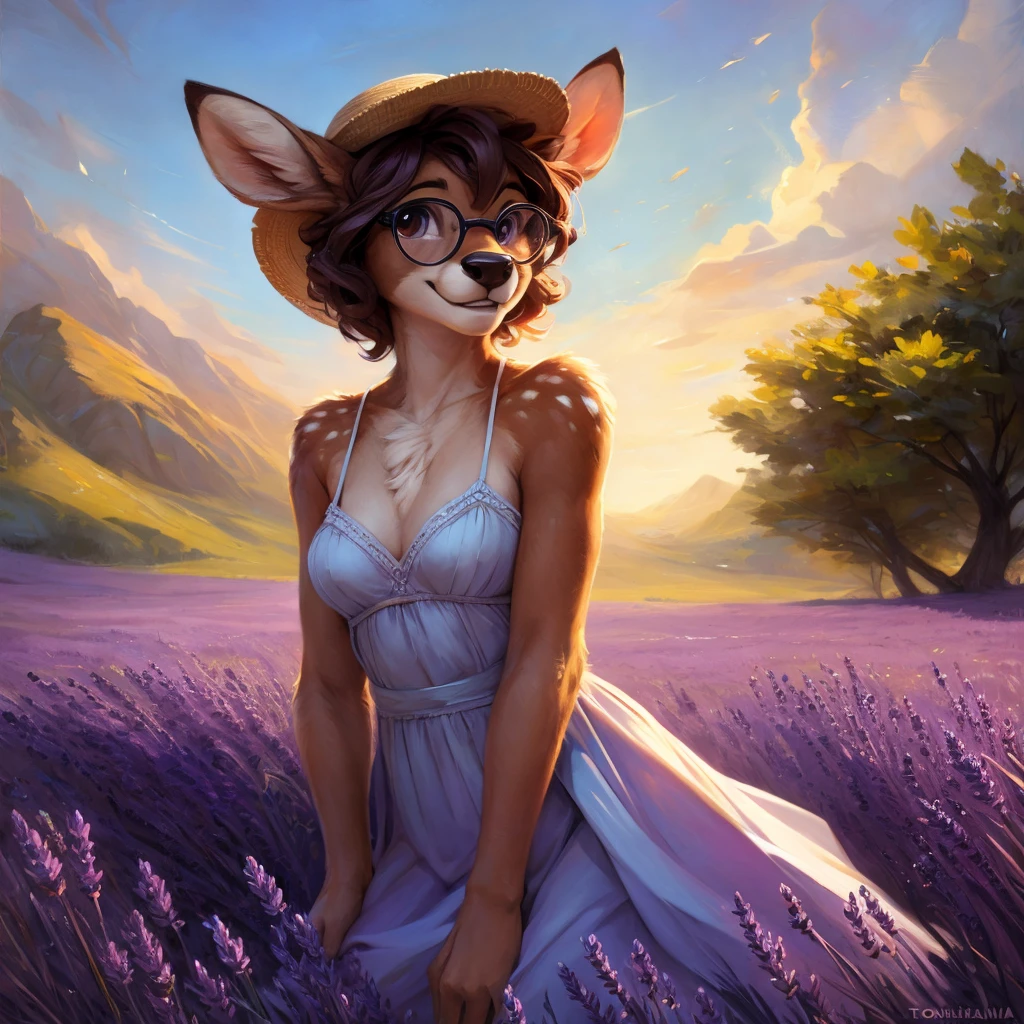 uploaded on e621, by Pixelsketcher, by Bayard Wu, by Thomas Benjamin Kennington , by Einshelm, by hioshiru and kenket, Chunie, portrait, solo anthro female deer doe, with small featureless breasts, clear dark blue, cinematic lighting, day, sunny day, lavender field, stays in a lavender field, lavender field background, mediterranean background, horizon background, shiny, short curly dark brown hair, wears big black nerd glasses, very very beautiful furry art, furry art, smiling, joyful, shiny, happy, feminine, cute face, muzzle, fluffy chest, flawless face, Fallow deer, 1girl, Sakimichan is beautiful, Masterpiece, Wavethesallow Face, shiny, Detailed image, portrait, Detailed image, portrait, full body, wearing pure white and wide spaghetti straps dress, wearing big and wide beige summer straw hat, shiny, realistic face, perfect anatomy, hourglass body, (furry body:1.1), anthropomorphic deer, looks at the viewer, small fluffy tail, detailed background, (cute anatomy:1.1), walks in a lavender field
